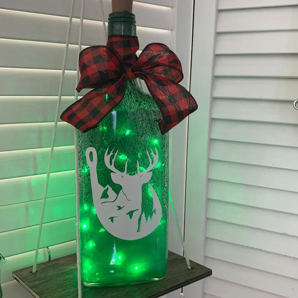 Hand Crafted Painted Green Bottle Lantern with Fish hook, Deer Design